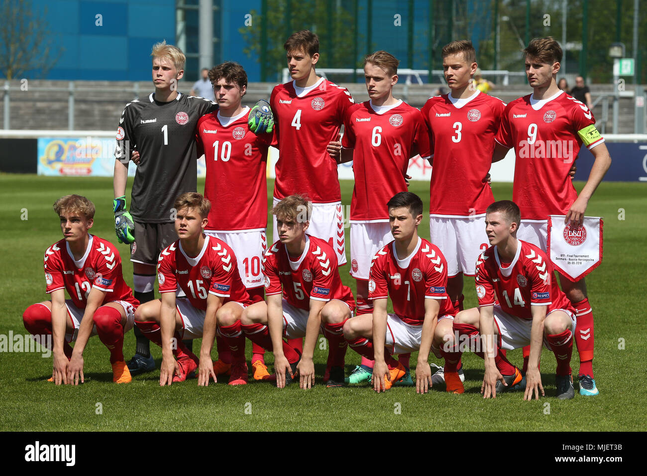 Loughborough, UK. 5th May, 2018. The Danish team line up before the 2018 UEFA European Under-17 Championship Group C match between Denmark and Bosnia and Herzegovina at Loughborough University Stadium on May 5th 2018 in Loughborough, England. (Photo by Paul Chesterton/phcimages.com) Credit: PHC Images/Alamy Live News Stock Photo