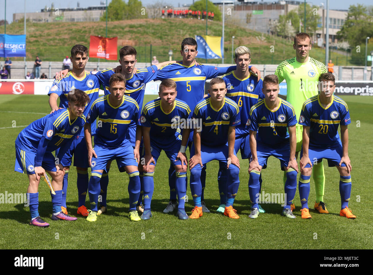 Loughborough, UK. 5th May, 2018. The Bosnia and Herzegovina team line up before the 2018 UEFA European Under-17 Championship Group C match between Denmark and Bosnia and Herzegovina at Loughborough University Stadium on May 5th 2018 in Loughborough, England. (Photo by Paul Chesterton/phcimages.com) Credit: PHC Images/Alamy Live News Stock Photo
