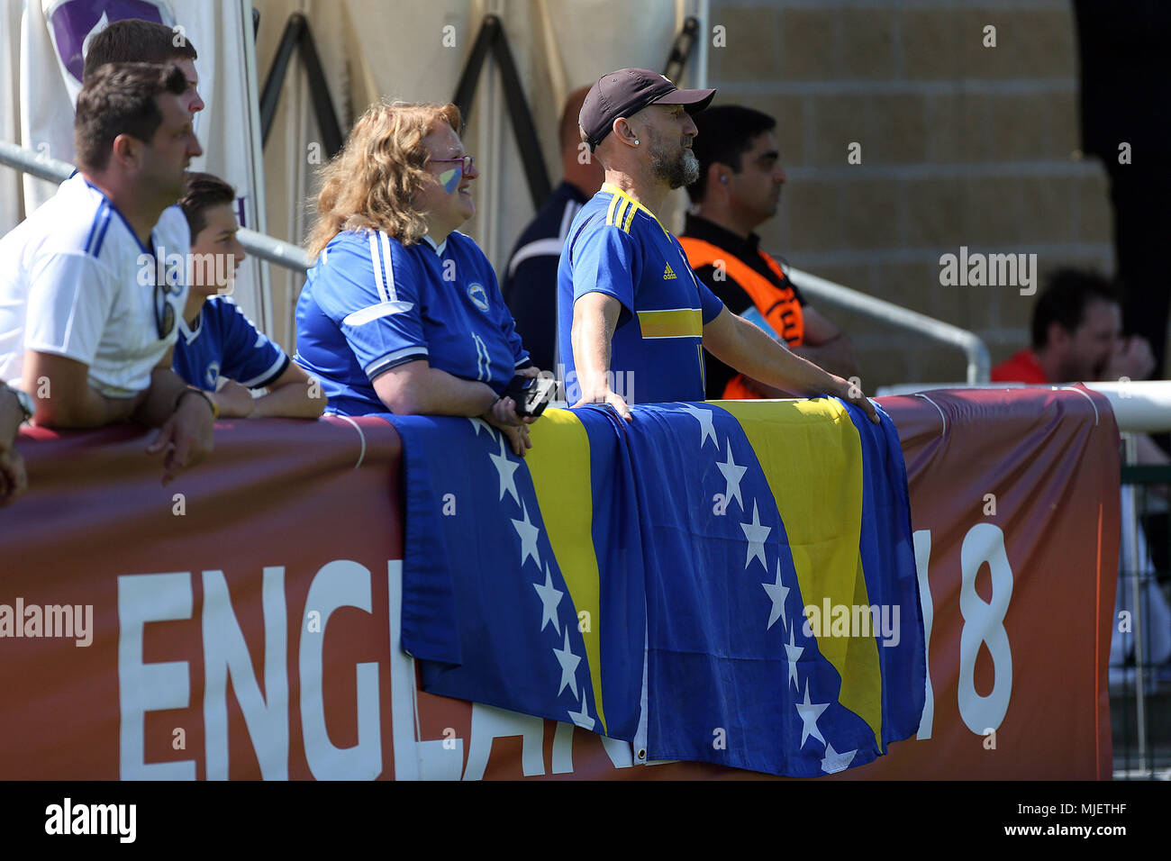 Loughborough, UK. 5th May, 2018. Bosnian fans during the 2018 UEFA European Under-17 Championship Group C match between Denmark and Bosnia and Herzegovina at Loughborough University Stadium on May 5th 2018 in Loughborough, England. (Photo by Paul Chesterton/phcimages.com) Credit: PHC Images/Alamy Live News Stock Photo