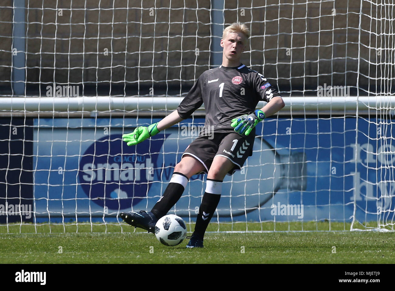 Loughborough, UK. 5th May, 2018. Andreas Søndergaard of Denmark during the 2018 UEFA European Under-17 Championship Group C match between Denmark and Bosnia and Herzegovina at Loughborough University Stadium on May 5th 2018 in Loughborough, England. (Photo by Paul Chesterton/phcimages.com) Credit: PHC Images/Alamy Live News Stock Photo