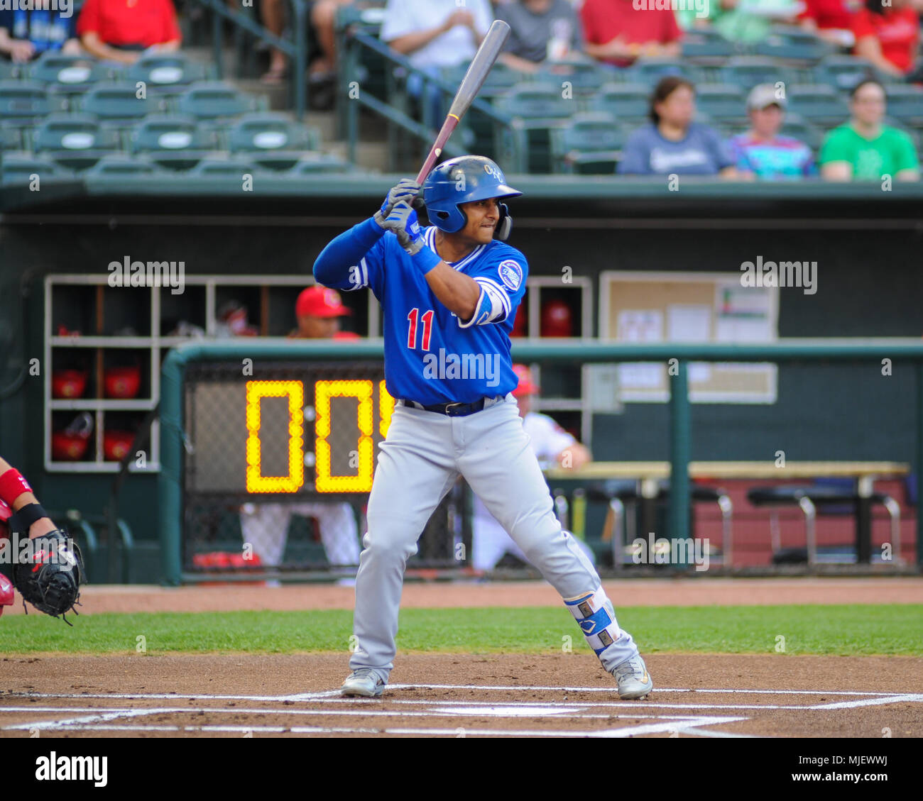 May 02, 2018; Memphis, TN, USA; Dodgers infielder, Donovan Solano (11), at  bat during the Pacific Coast League Triple-A baseball game at Auto Zone  Park. Memphis defeated Oklahoma City, 8-7. Kevin Lanlgey/CSM