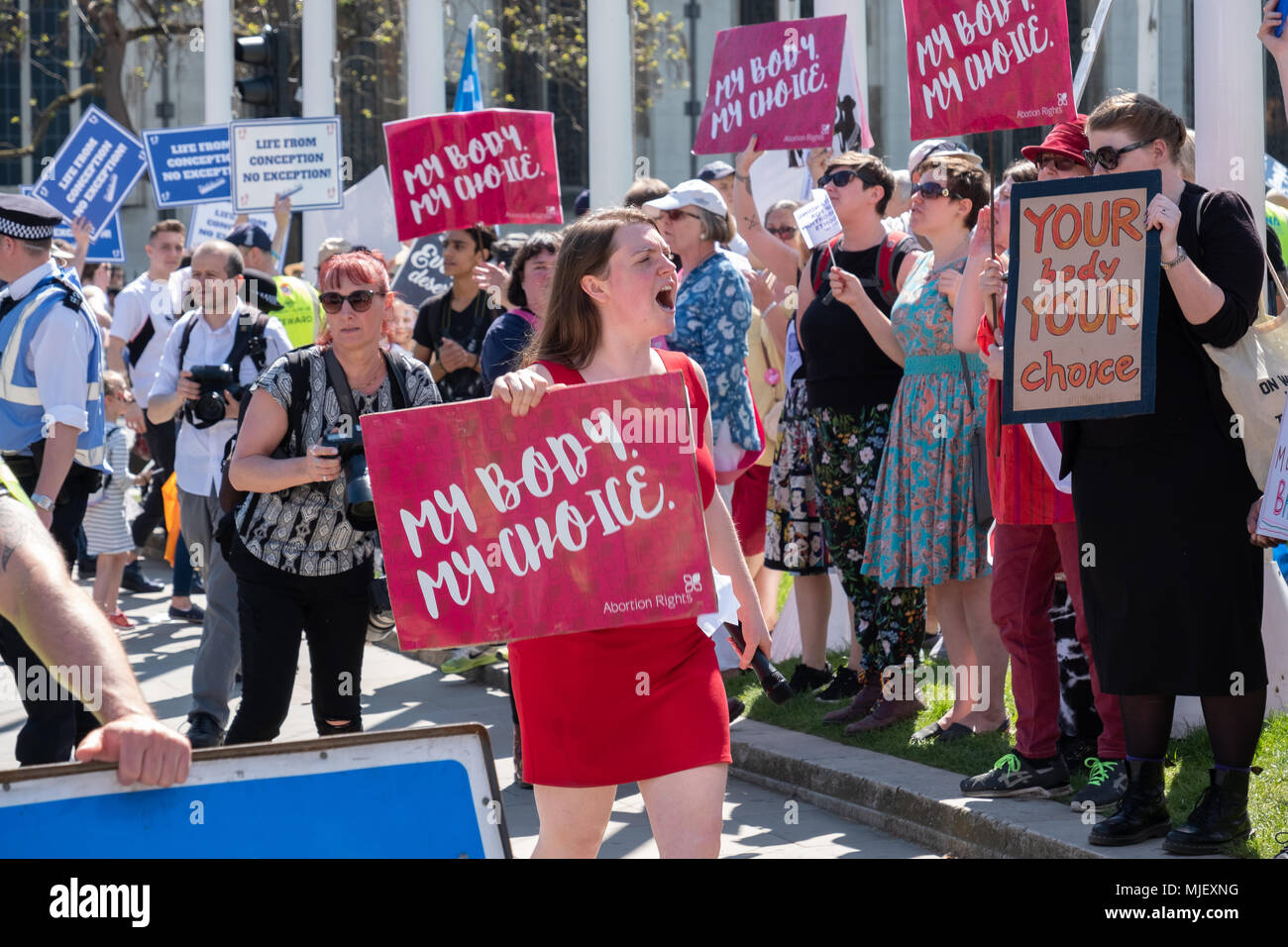 London, UK, 5th May 2018, Members of the Abortion rights group and pro choice members hold a protest in Parliament Square to highlight 50 years since the abortion act came into force and to highlight the options of my body my choice. Credit: adrian looby/Alamy Live News Stock Photo
