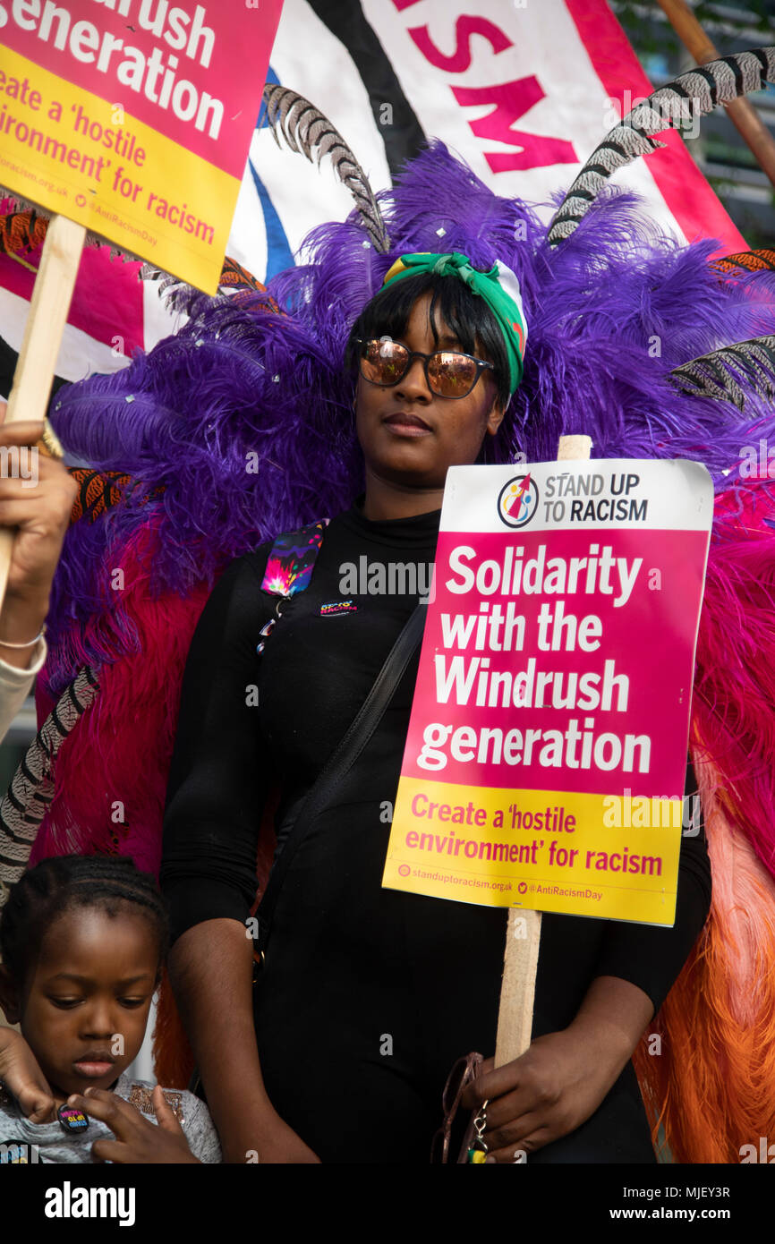 London, UK. 5th May, 2018. Stand up to racism protest outside the Home Office promoting solidarity with the Windrush Generation on 5th May 2018 in London, England, United Kingdom. The protesters were from a multicultural background and stood united to make a hostile environment for racism. Credit: Michael Kemp/Alamy Live News Stock Photo