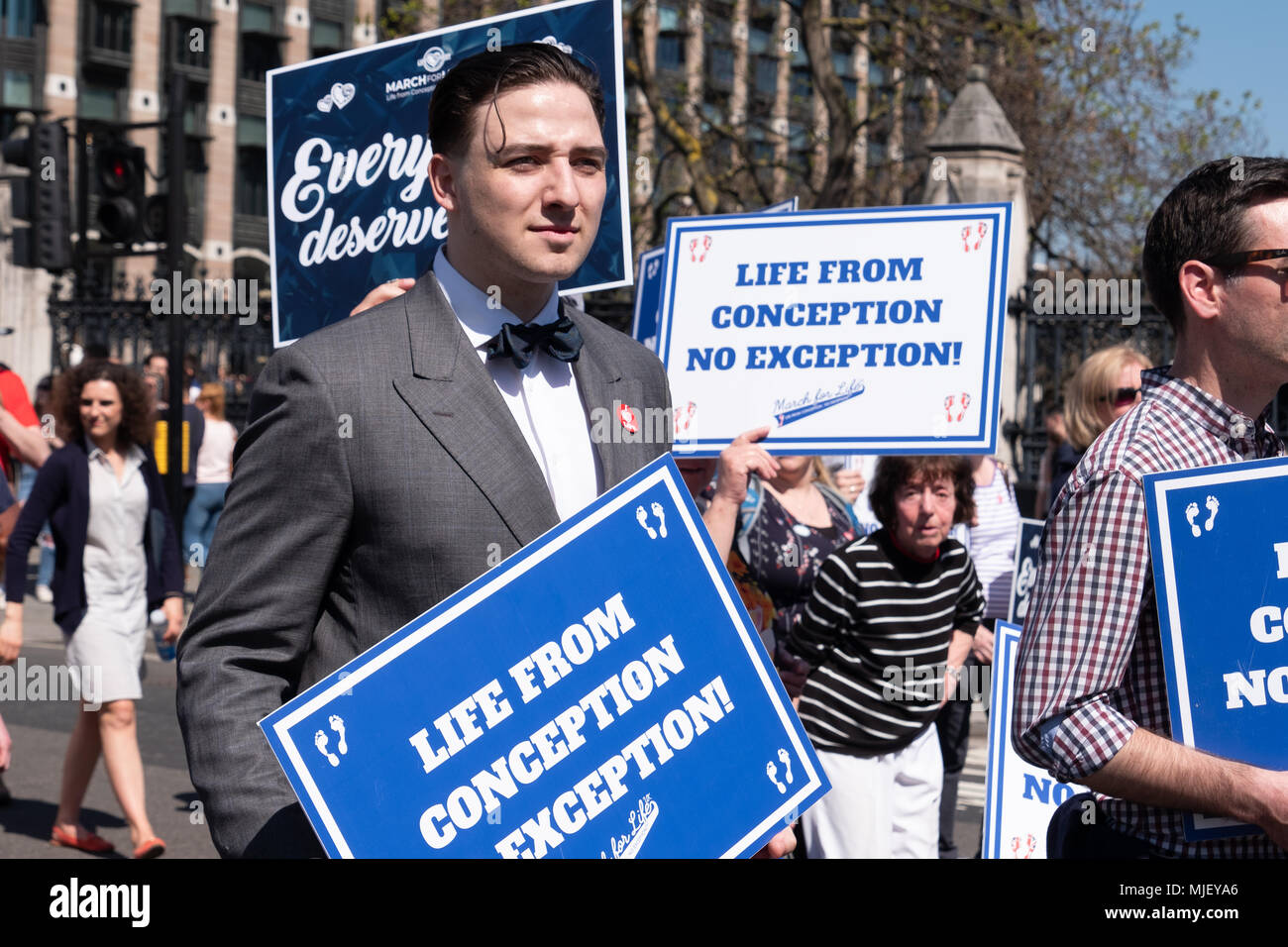 London, UK, 5th May 2018, Members of the March for Life UK held a march through central London. A male holds a 'life from conception no exception' placard Credit: adrian looby/Alamy Live News Stock Photo