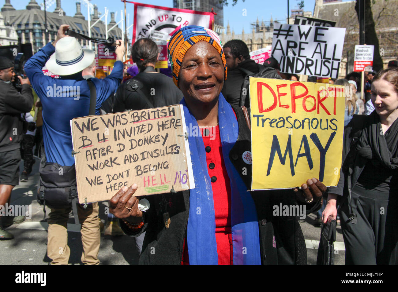 London, UK. 5th May, 2018. Windrush supporter calls to deport Theresa May Credit: Alex Cavendish/Alamy Live News Stock Photo