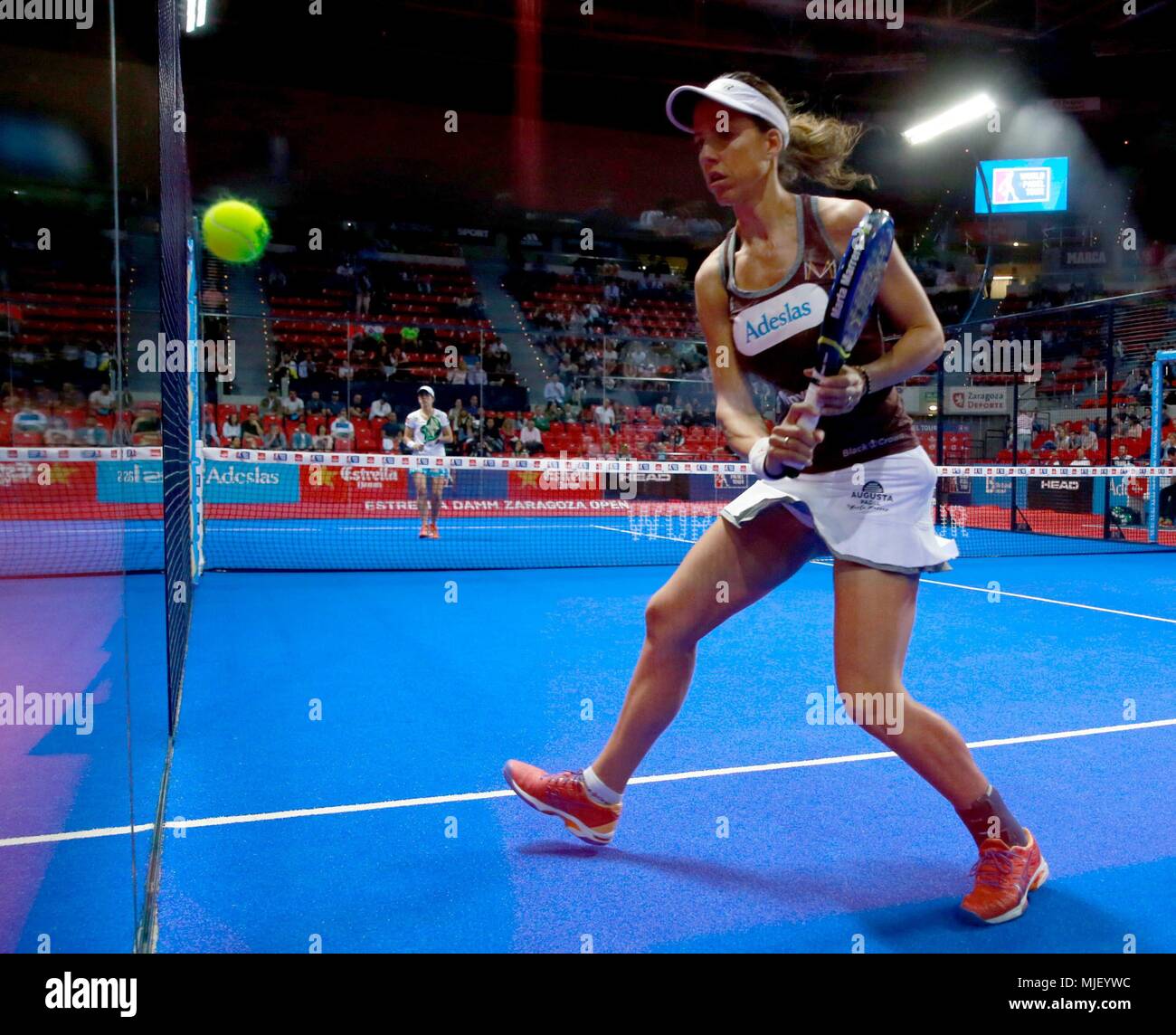 Padel player Marta Marrero and her mate Alejandra Salazar (out of frame) in  action against Gemma Triay and Lucia Sainz, during the semifinals of the  Estrella Damm Zaragoza Open 2018 of World