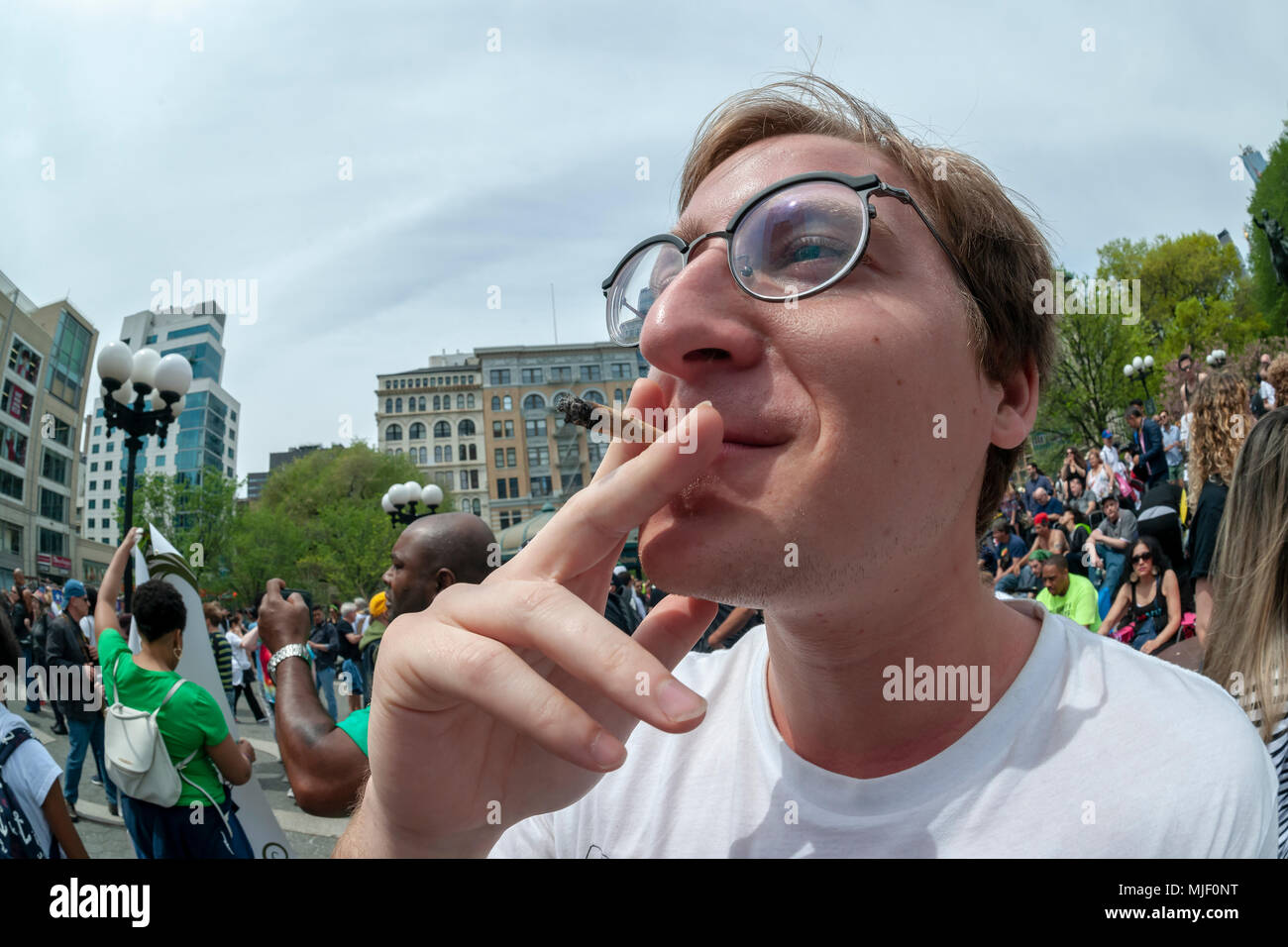 New York, USA. 5th May, 2018. Advocates for the legalization of marijuana at the rally in New York on Saturday, May 5, 2018 after the annual NYC Cannabis Parade. The march included a wide range of demographics from millennials to old-time hippies. The participants in the parade are calling for the legalization of marijuana for medical treatment and for recreational uses. (© Richard B. Levine) Credit: Richard Levine/Alamy Live News Stock Photo