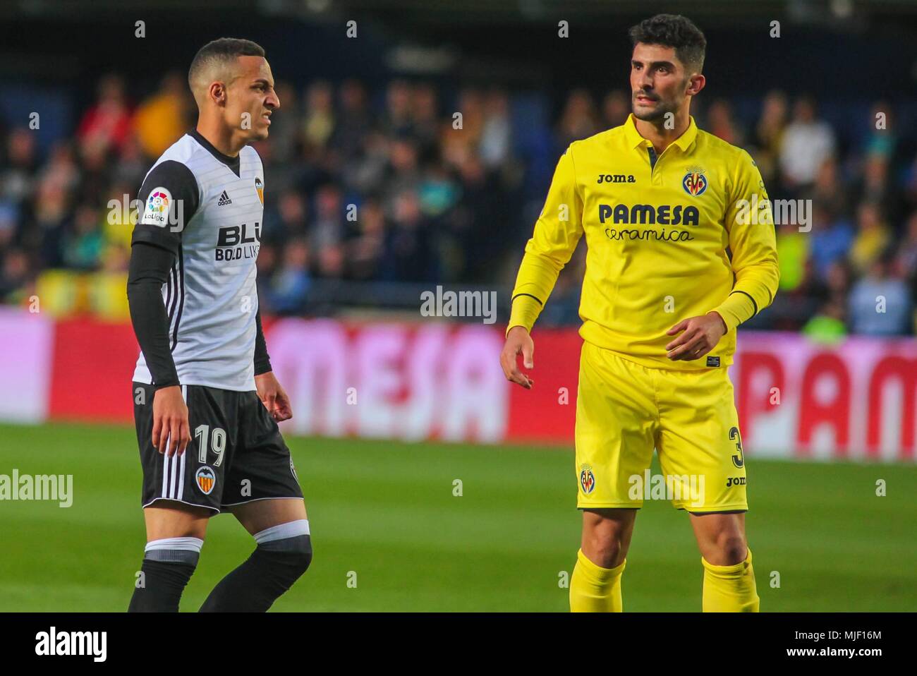 Rodrigo Moreno and Alvaro Gonzalez during the match between Villarreal CF and Valencia CF at the Estadio de la Ceramica.  Cordon Press Stock Photo