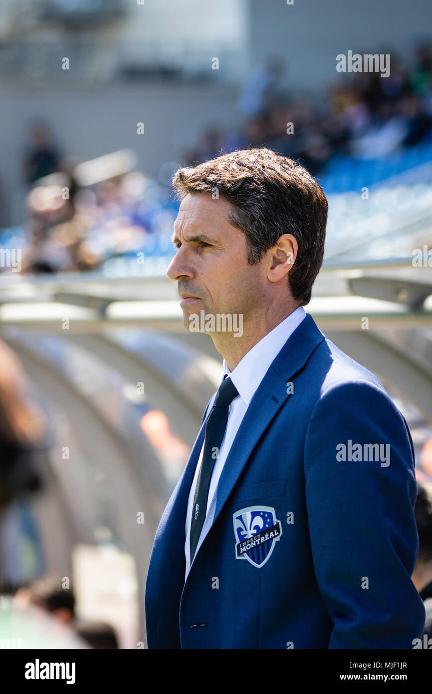 Montreal, Canada. 5 May, 2018. Montreal Impact head coach Rémi Garde before the initial kickoff of the 2018 Major League Soccer regular season match between the Montreal Impact and the New England Revolution, at Stade Saputo. Credit: Pablo A. Ortiz / Alamy News Live Stock Photo