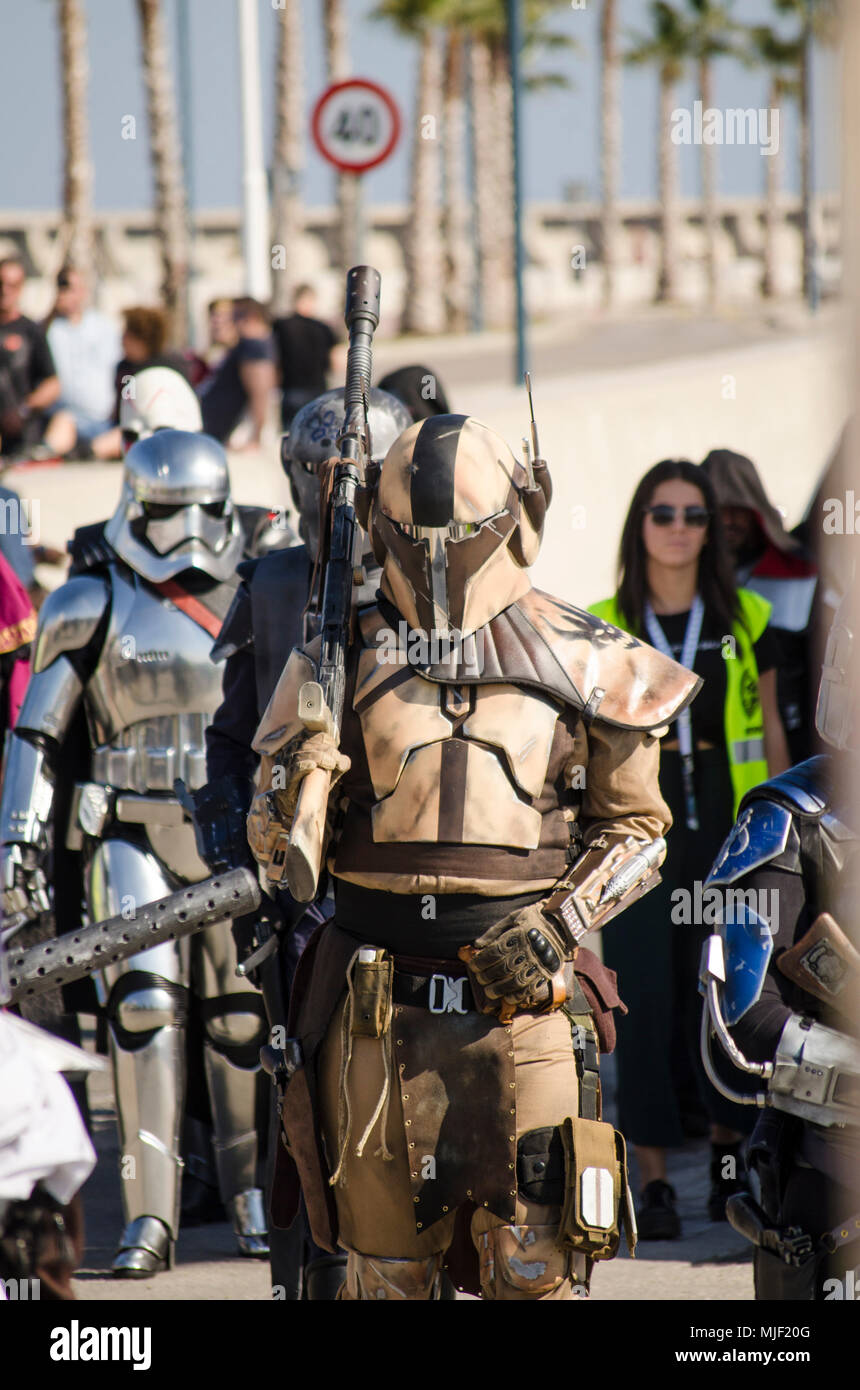 Malaga, Andalusia, Spain, 5th May 2018.  Parade of  501st Legion of Star Star Wars parade of Malaga. The legion is an international fan-based organisation wearing of screen-accurate replicas to raise funds for the charity FUNDACIÓN DE CANCER INFANTIL ANDRÉS OLIVARES  benefitting children fighting cancer.  © Perry van Munster/ Alamy Live News Stock Photo