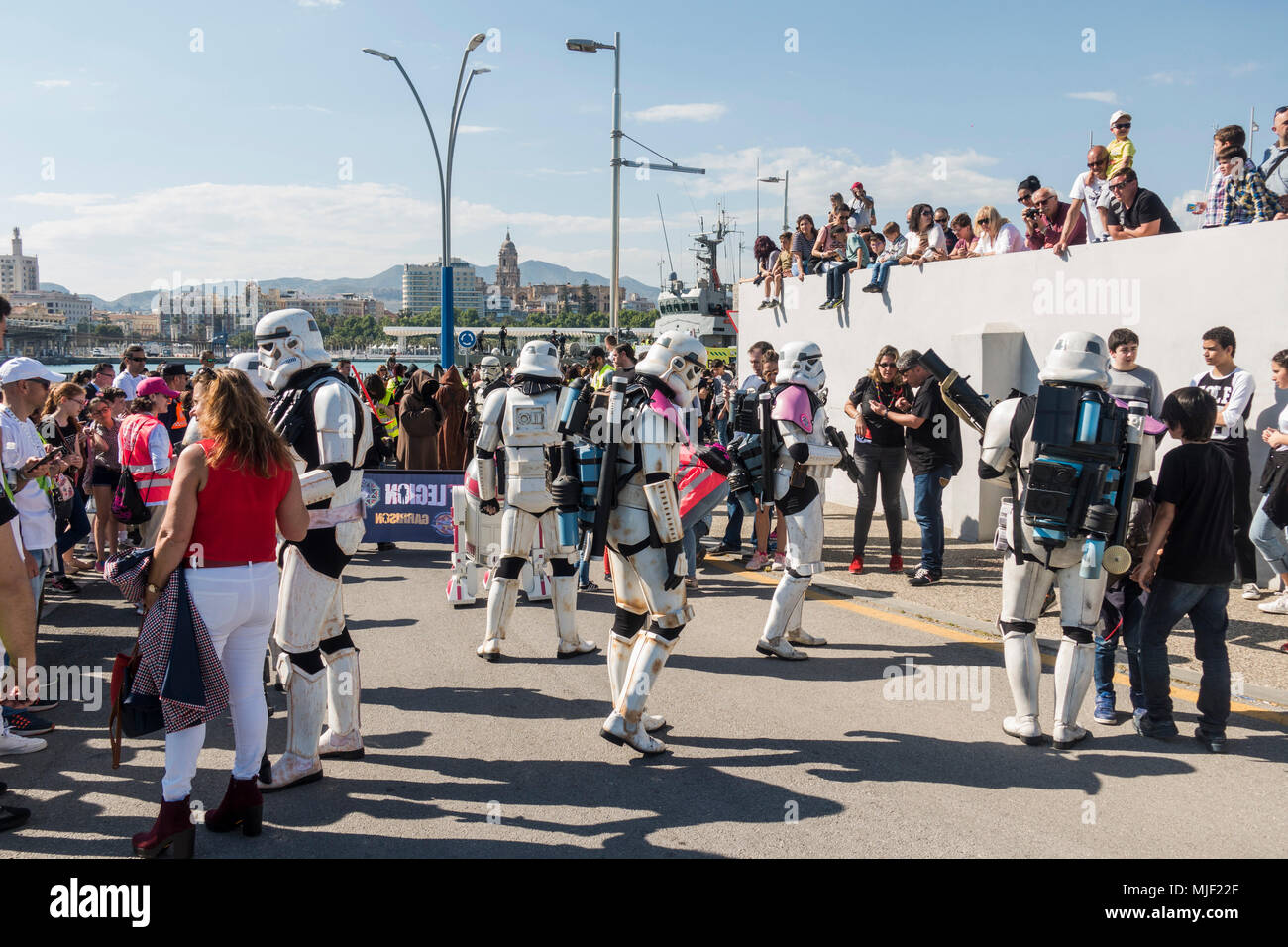 Malaga, Andalusia, Spain, 5th May 2018.  Parade of  501st Legion of Star Star Wars parade of Malaga. The legion is an international fan-based organisation wearing of screen-accurate replicas to raise funds for the charity FUNDACIÓN DE CANCER INFANTIL ANDRÉS OLIVARES  benefitting children fighting cancer.  © Perry van Munster/ Alamy Live News Stock Photo