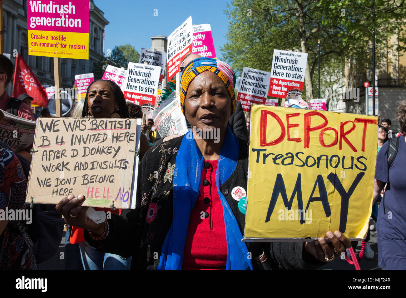 London, UK. 5th May, 2018. Activists from Stand Up To Racism and supporters of the Windrush generation march from Downing Street to the Home Office to call for the scrapping of the 2014 Immigration Act. Credit: Mark Kerrison/Alamy Live News Stock Photo
