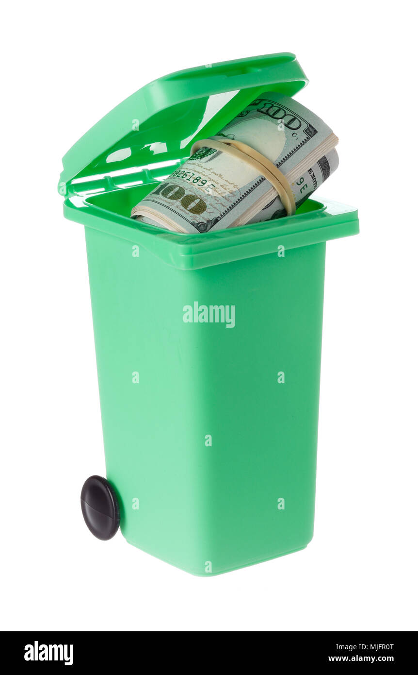 One green recycling bin with an open lid and a roll of dollar bills