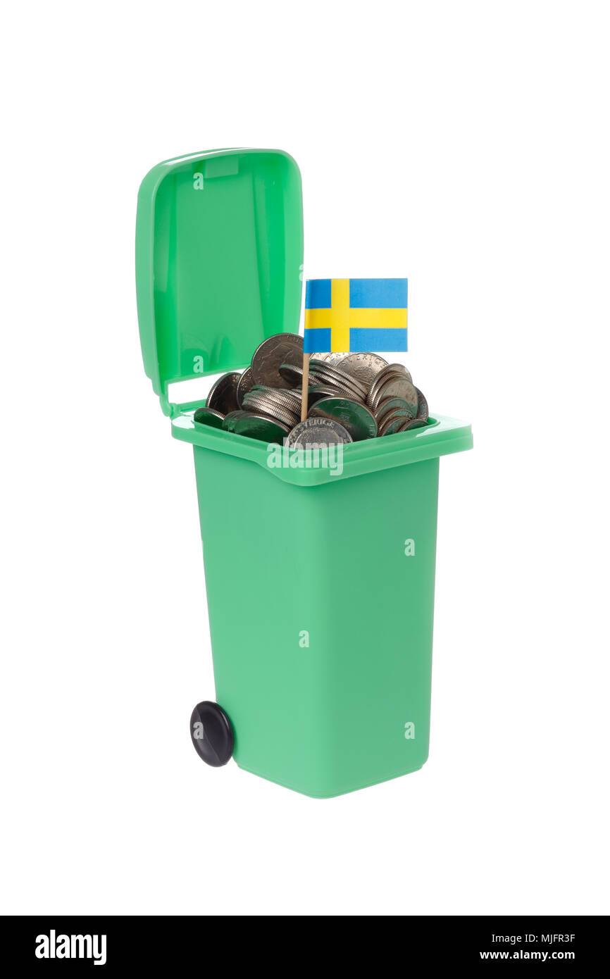 Green recycling bin with coins and Swedish flag isolated on white background. Stock Photo