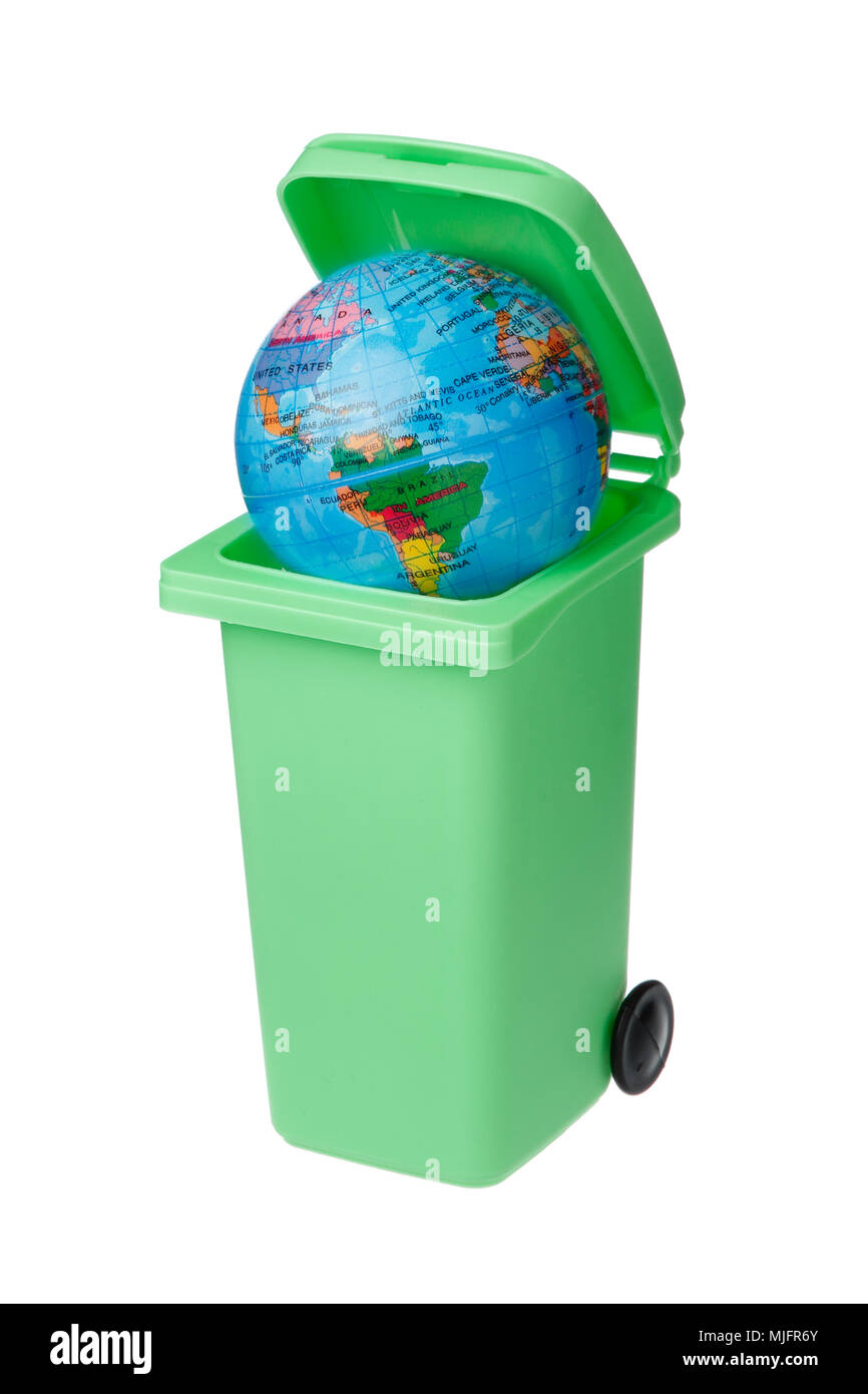 The Earth inside a green recycling bin with an open lid isolated on white. Stock Photo