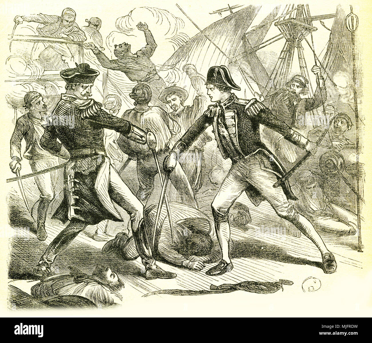 Engraving of a British naval officer sword fighting with an opponent on board ship. From an original engraving in the Boys of England magazine 1894. Stock Photo