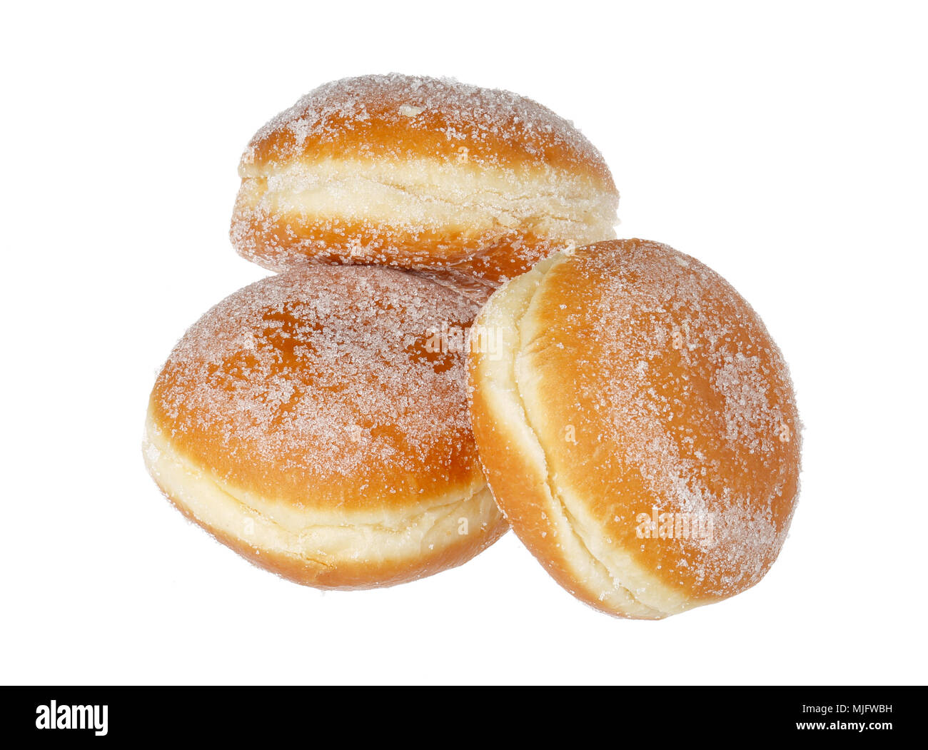 Three vanilla donuts close together isolated on white. Stock Photo