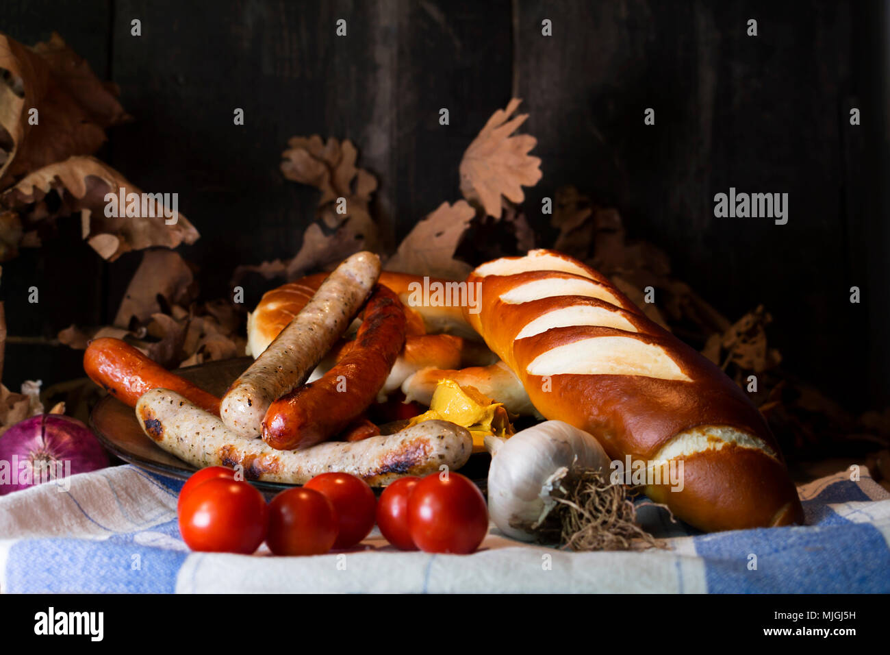 Bavarian White And Red Sausages With Mustard, Bavarian Buns and