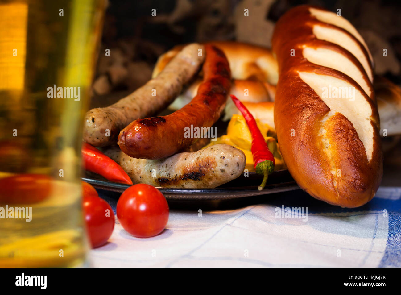 Bavarian White And Red Sausages With Mustard, Bavarian Buns and