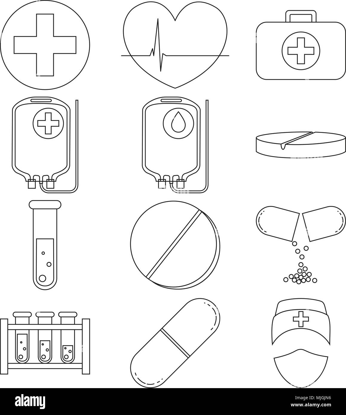 Line art black and white medical 12 icon set. Healthcare themed vector ...