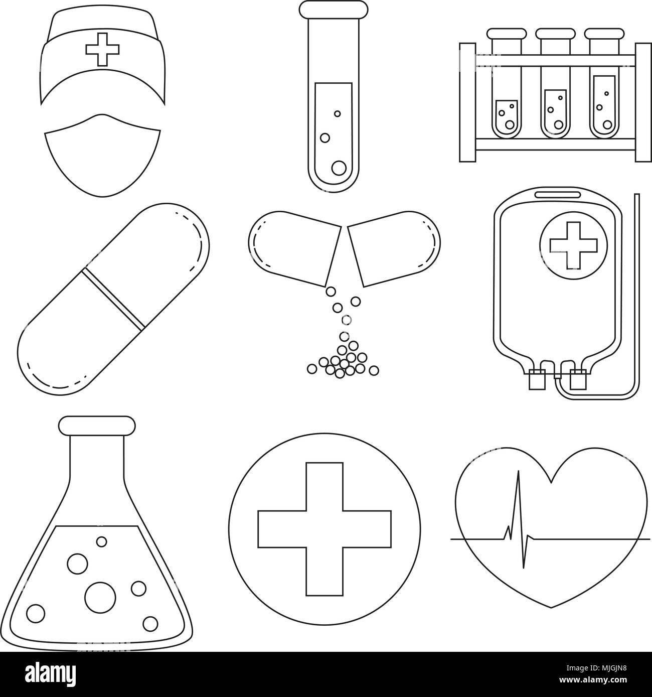 Line art black and white medical 9 icon set. Healthcare themed vector ...
