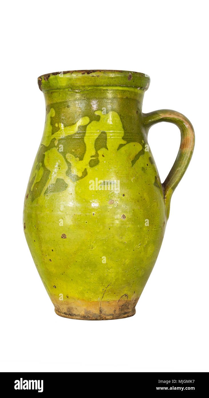 Vintage Old Painted Clay Jug Isolated on White Background Stock Photo