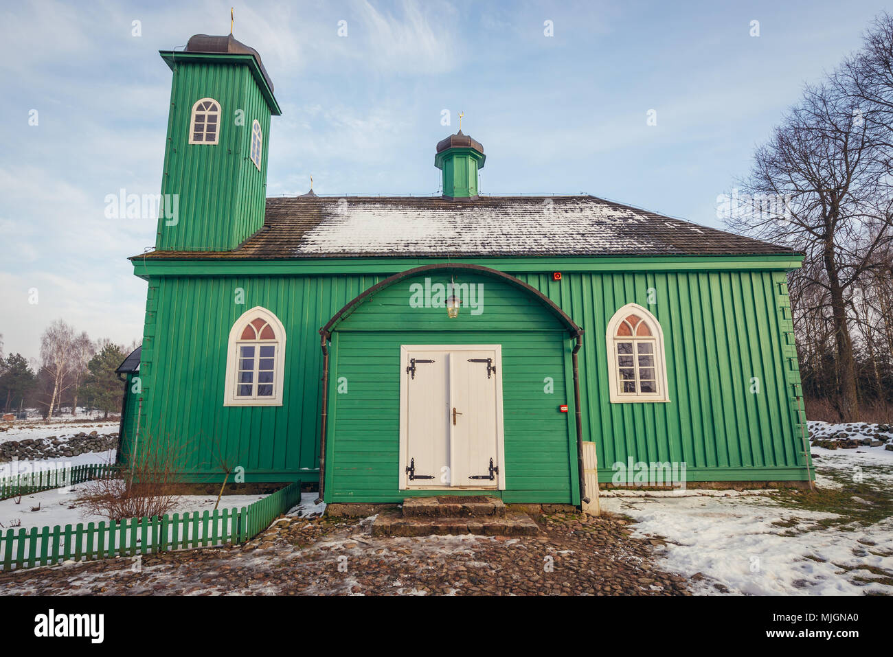 Side view of Mosque in Kruszyniany village, former Polish Tatars settlement within Sokolka County, Podlaskie Voivodeship of Poland Stock Photo