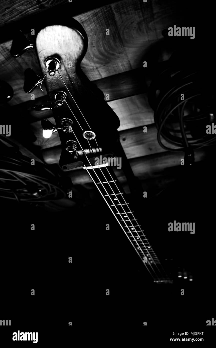 Bass Guitar In Music Studio. Musical Instruments and Equipment Stock
