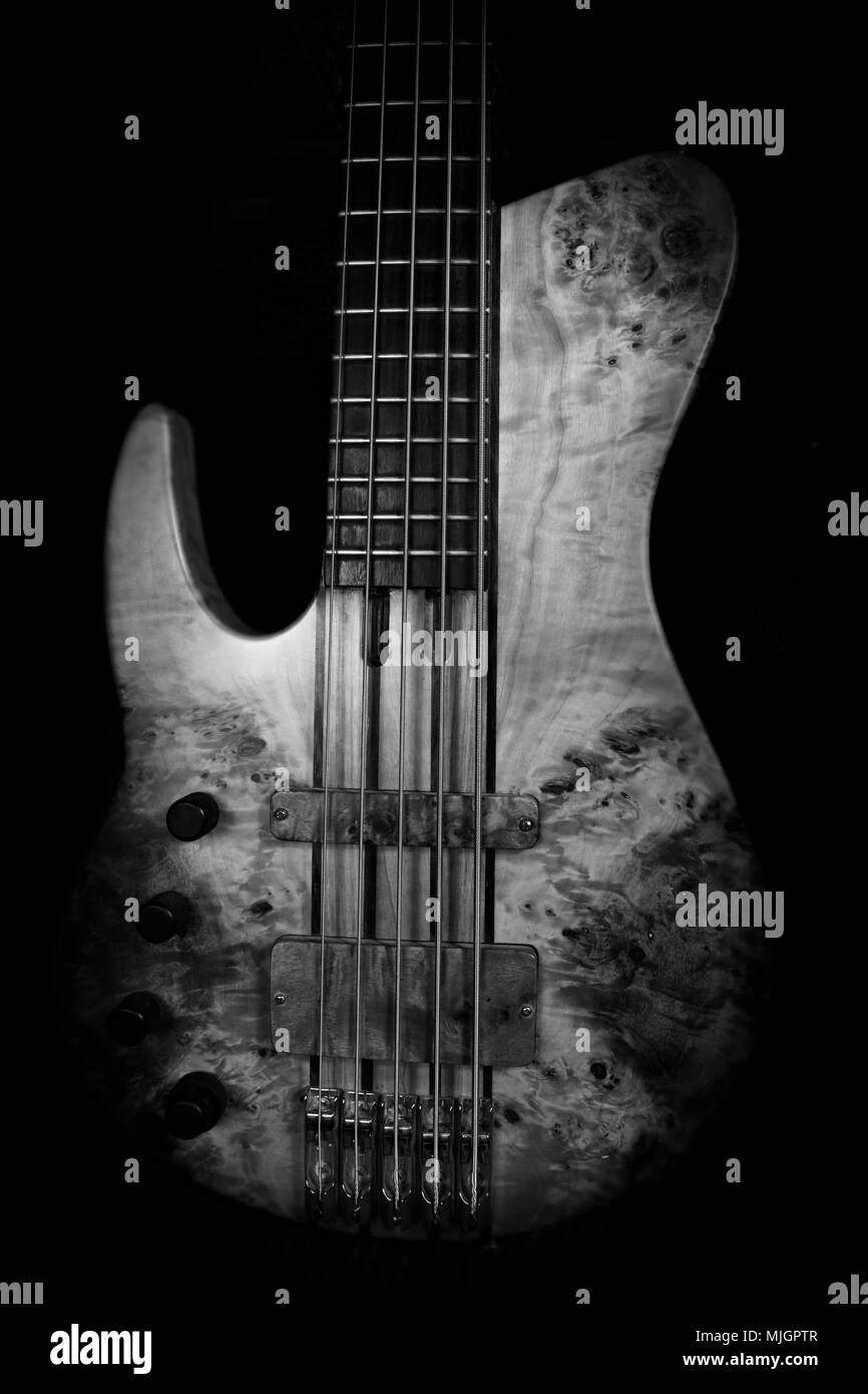 Bass Guitar In Music Studio. Musical Instruments and Equipment Stock