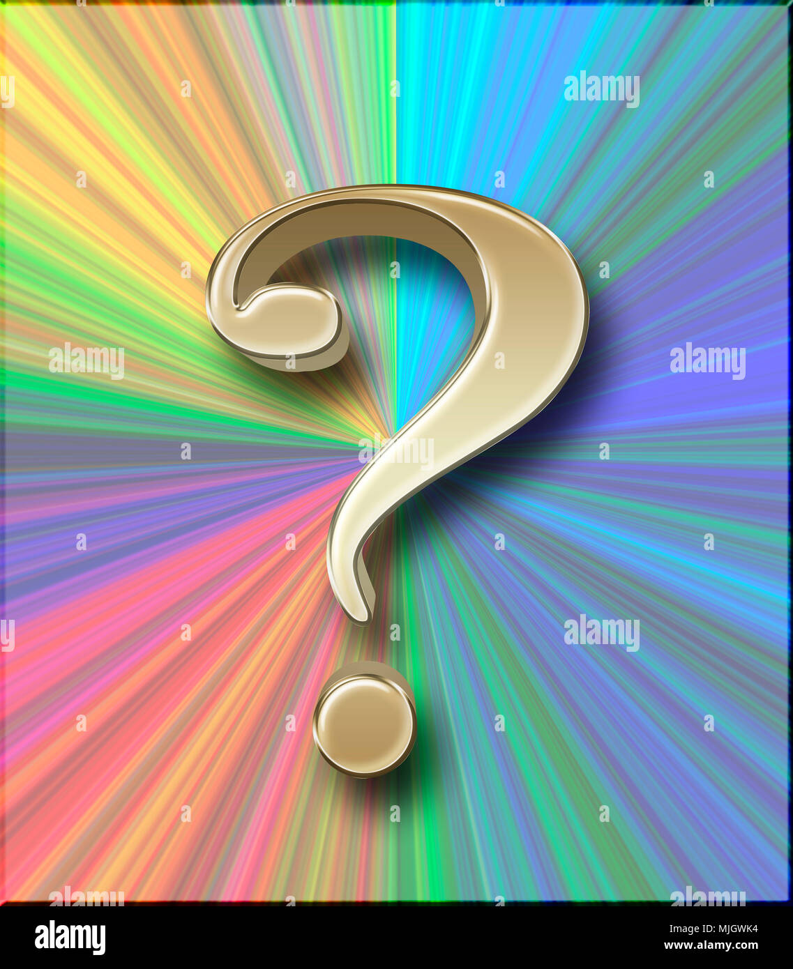 Stock Illustration - Large Three Dimensional Golden Question Mark , 3D Illustration, Isolated against the Rainbow Colored Background. Stock Photo
