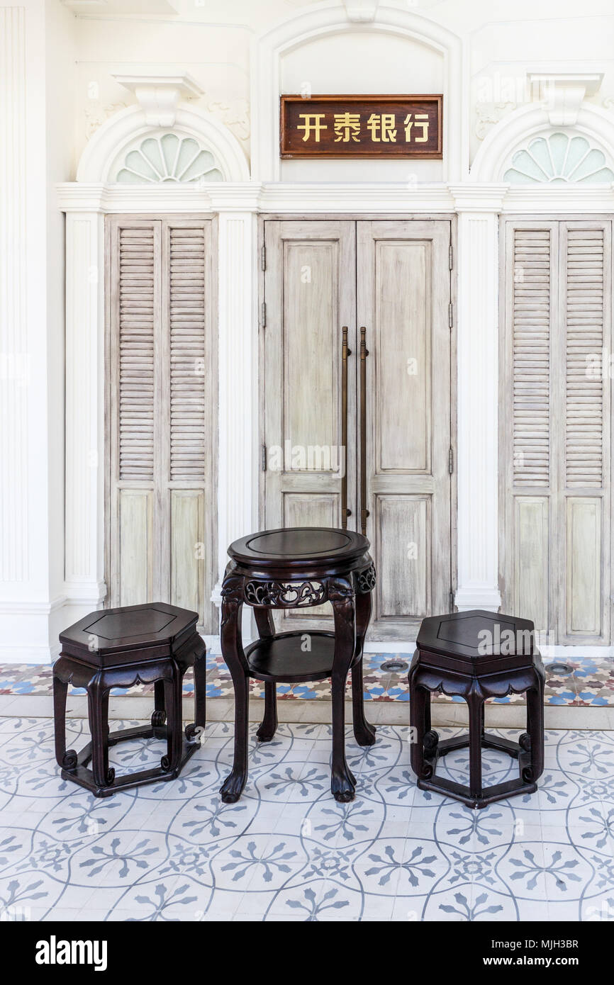 Chinese style furniture, sino portuguese colonial architecture, old Phuket Town, Thailand Stock