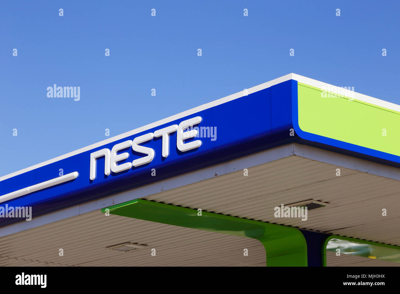 Close-up of the roof at a Finnish Neste gasoline service station. Stock Photo