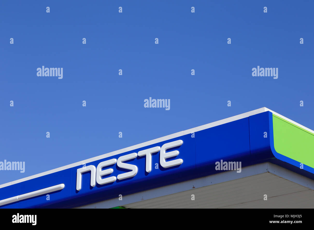 Tornio, Finland - July 20, 2016: Close-up of the roof at a Finnish Neste gasoline service station. Stock Photo