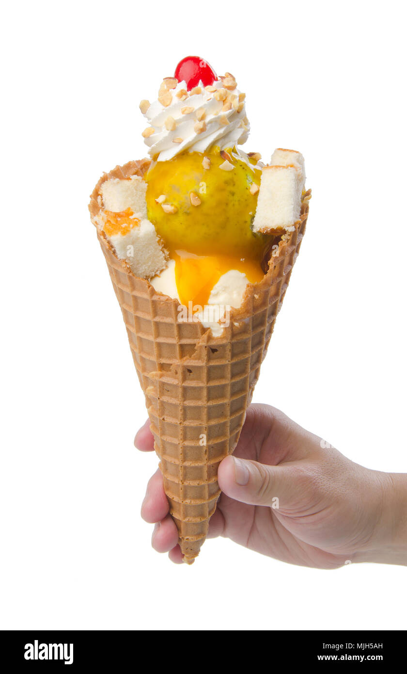 ice creams scoop with cone on background and topping Stock Photo Alamy