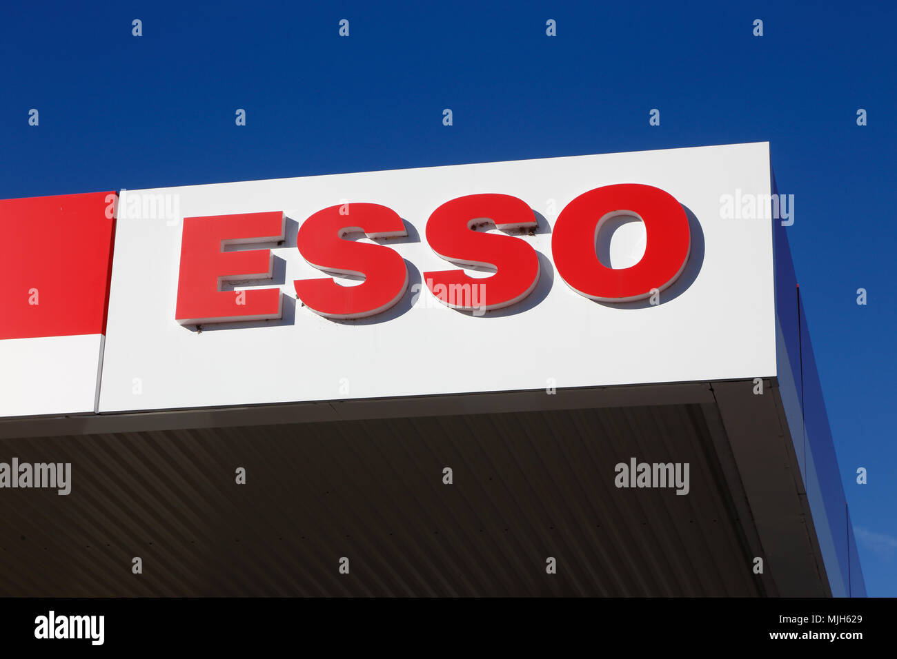 Elverum, Norway - October 3, 2016:  Close-up of an Esso pterol service station protective roof with logo. Stock Photo