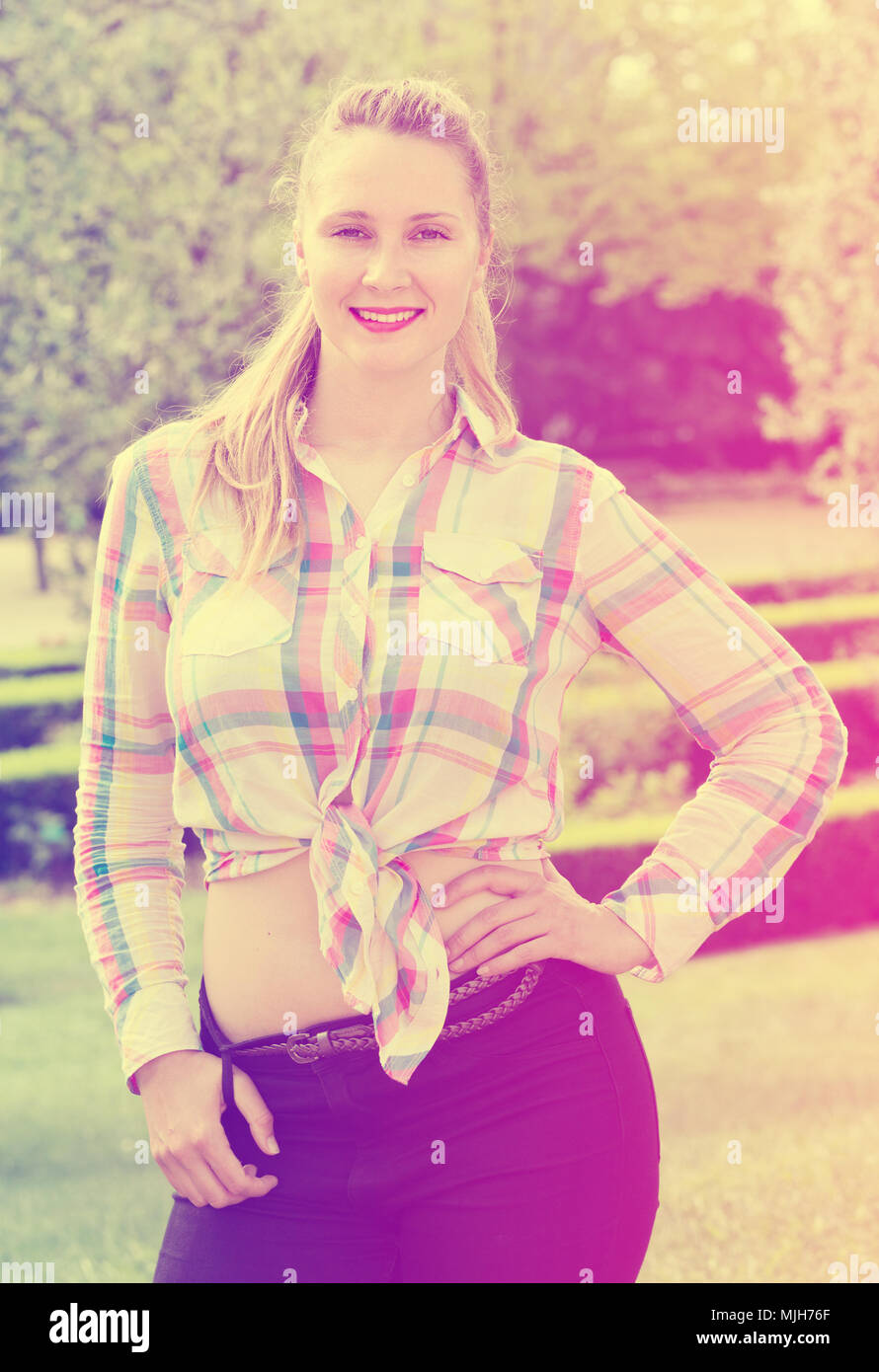 Summer Happy Smiling Spanish Blond Girl Portrait Outside In Park