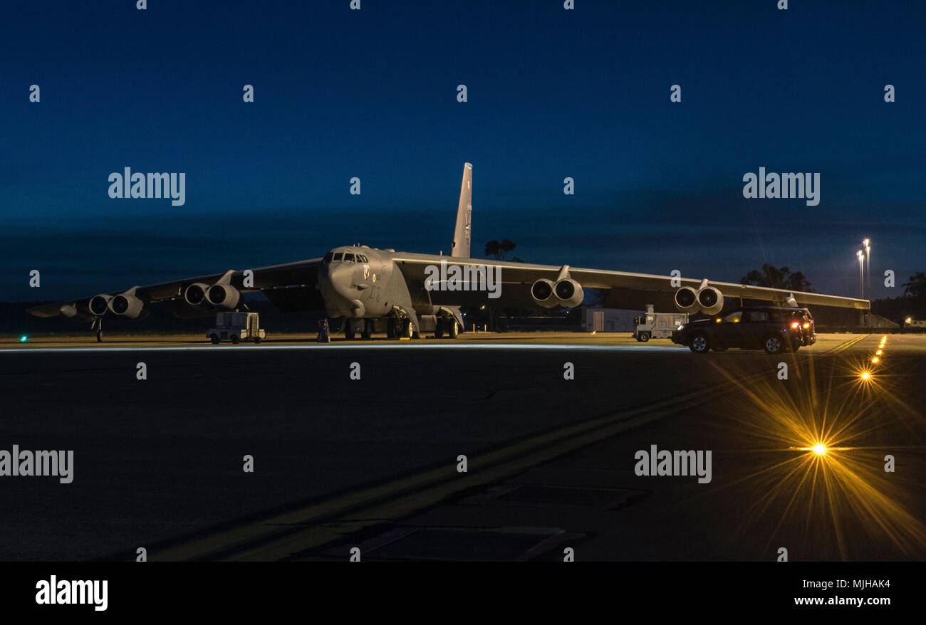 A U.S. Air Force B-52H Stratofortress, assigned to the 20th Expeditionary Bomb Squadron, deployed from Barksdale Air Force Base, La., sits on the Royal Australian Air Force (RAAF) Base Darwin, Australia flightline April 2, 2018. Two U.S. Air Force bombers arrived to the small base in Australia’s Northern Territory March 29, to support the Enhanced Air Cooperation initiative, promoting mutual training engagements between the two air forces. The exercise comprised a range of exercises and training activities between Australian and U.S. aircrews, joint terminal attack controllers and various supp Stock Photo