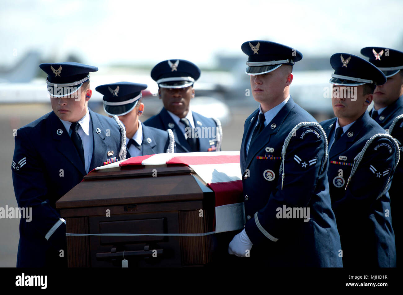 MacDill Air Force Base, Fla., honor guard Airmen perform a dignified arrival ceremony April 4, 2018 at Tampa international Airport in honor of fallen Major Andreas B. O’Keeffe. O’Keefe was an HH-60 Pave Hawk pilot assigned to the 106th Rescue Wing who passed away in a crash in western Iraq. (U.S. Air Force Stock Photo