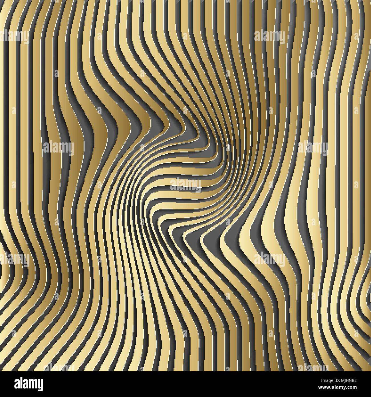 Gold abstract stripe pattern background.Optical illusion, twisted lines, abstract curves background. The illusion of depth and perspective.Abstract 3d vector illustration. Eps 10. Stock Vector