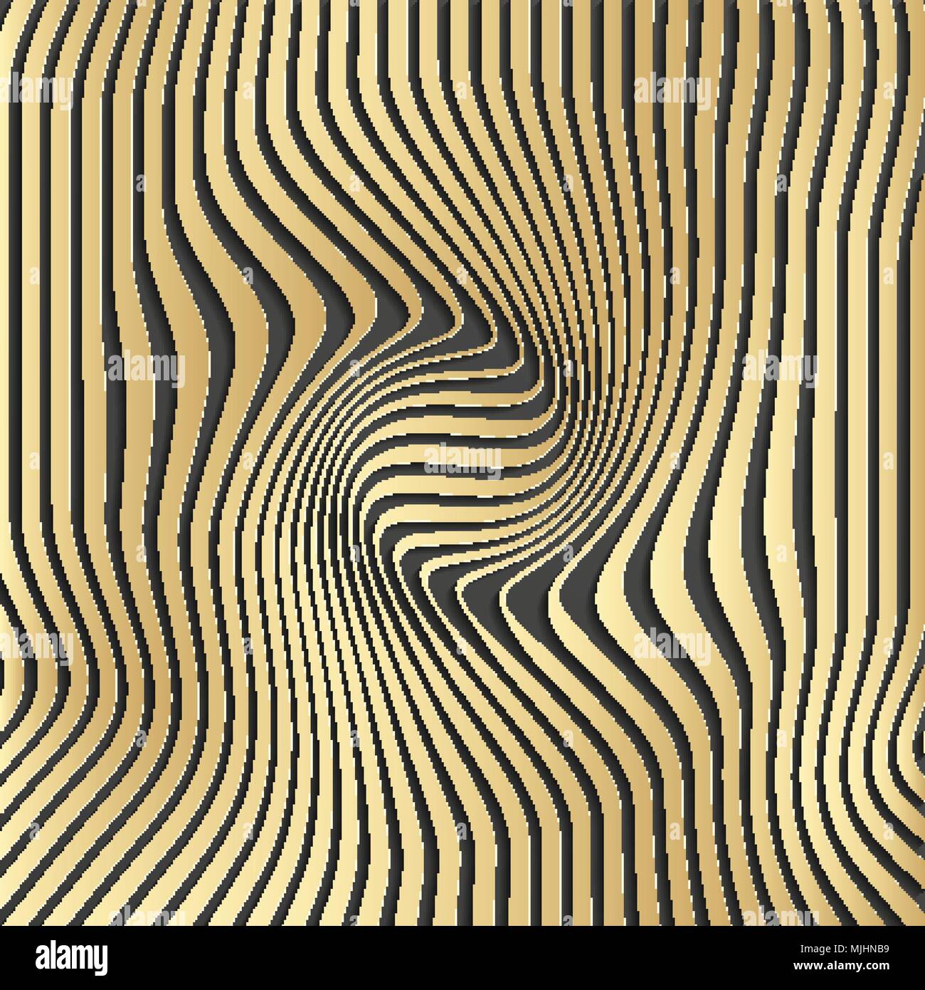 Gold abstract stripe pattern background.Optical illusion, twisted lines, abstract curves background. The illusion of depth and perspective.Abstract 3d vector illustration. Eps 10. Stock Vector