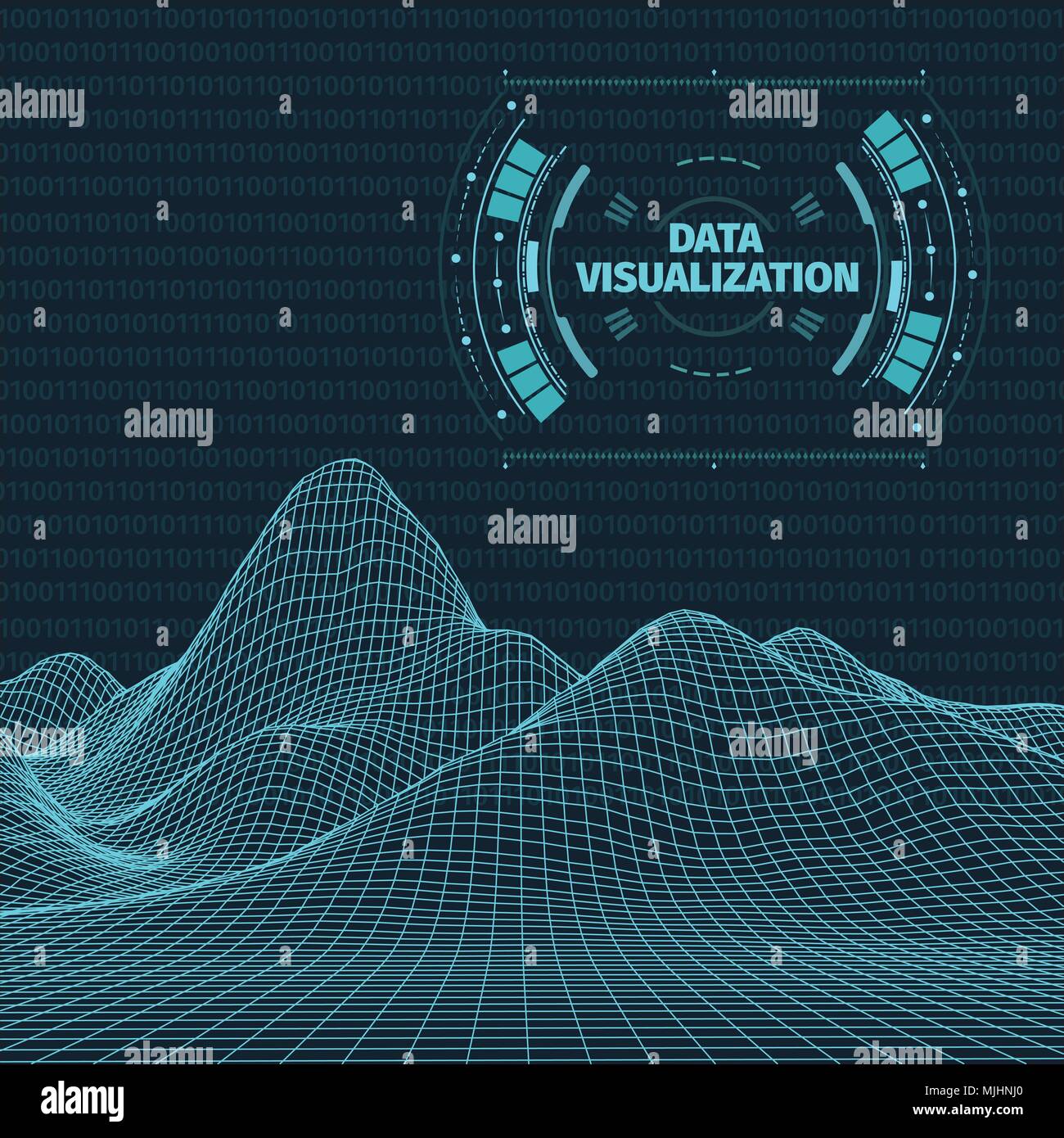 Data visualization background . Futuristic design hud element . Binary code , coding and programming concept . Wide angle wireframe landscape . Stock Vector