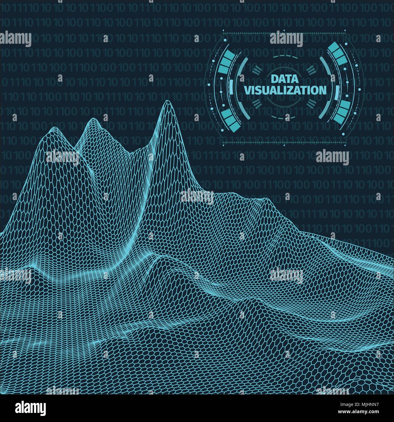 Data visualization background . Futuristic design hud element . Binary code , coding and programming concept . Wide angle wireframe landscape . Stock Vector