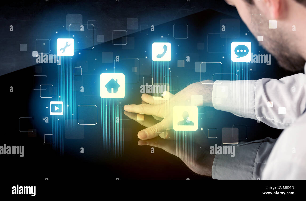 Modern smart table with high tech icons on its interface screen concept ...