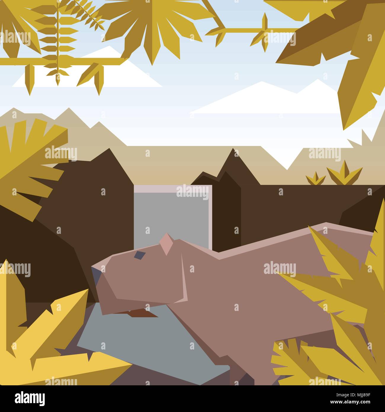 Vector image of the Flat geometric jungle background with Capybara Stock Vector