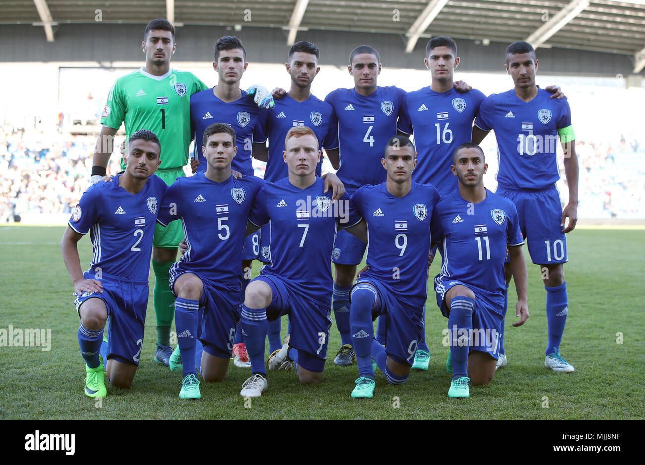 Israel (top row, from left to right) Shareef Keouf, Omri Ram, Hanan Hen Biton, Dan Lugassy, Amit Meir, Ibrahim Jauabra (bottom row, from left to right) Guy Hakim, Rony Laufer, Ido Shahar, Liel Abada and Ofek Ovadia during the UEFA European U17 Championship, Group A match at the Proact Stadium, Chesterfield. PRESS ASSOCIATION Photo. Picture date: Friday May 4, 2018. See PA story SOCCER England U17. Photo credit should read: Nick Potts/PA Wire. RESTRICTIONS: Editorial use only. No commercial use. Stock Photo