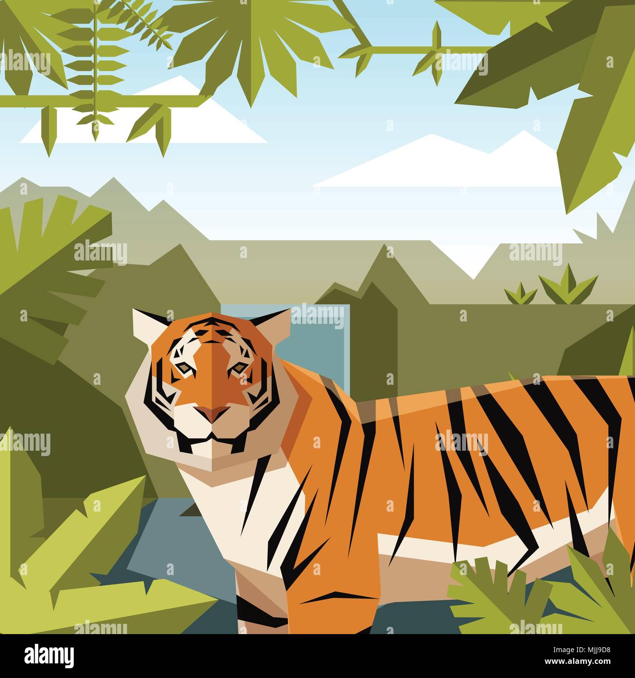 Flat geometric jungle background with Tiger Stock Vector