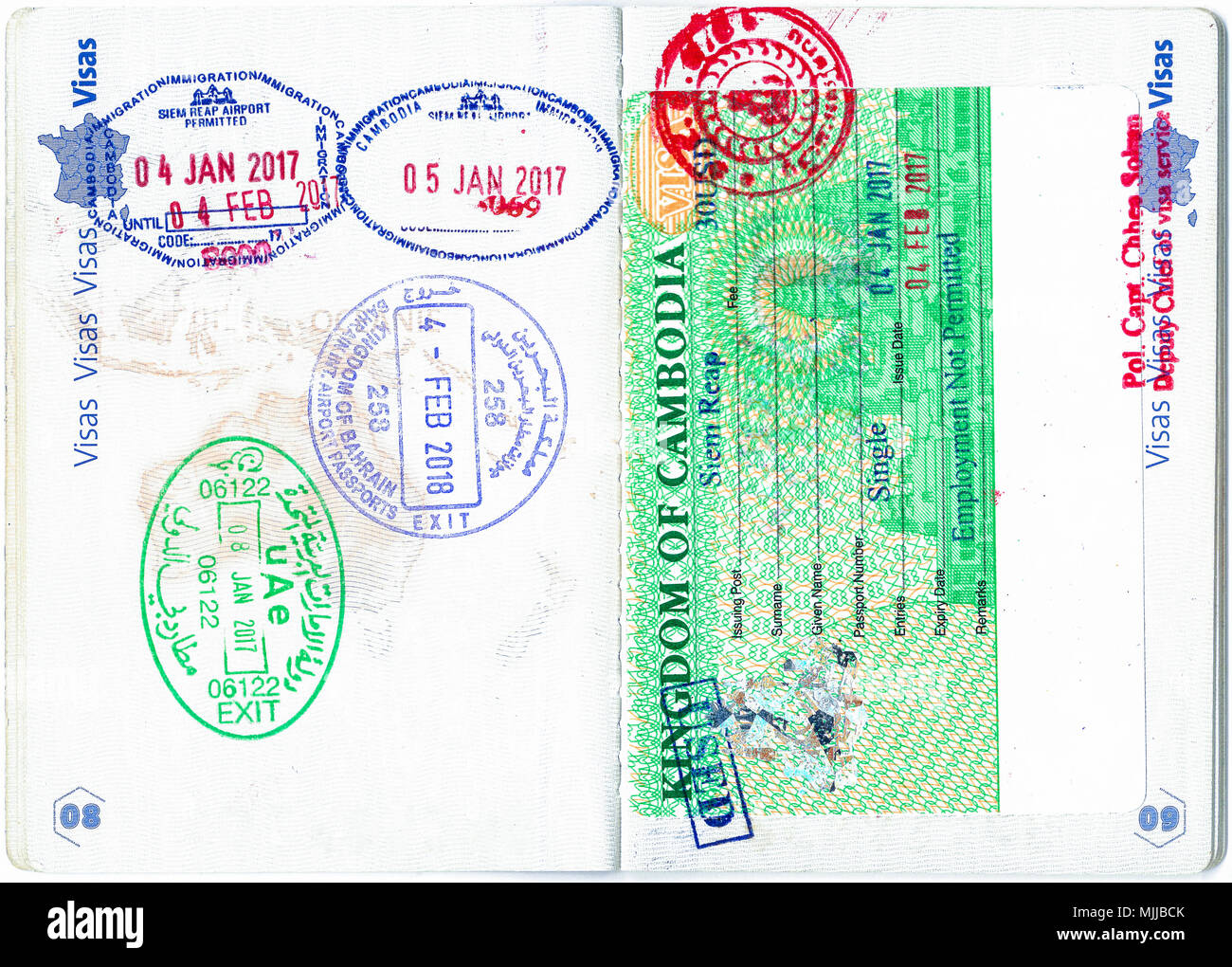 Stamps Of Bahrain, The Emirates, Cambodia And A Cambodian Visa In A French  Passport. Personal Data Removed Stock Photo - Alamy