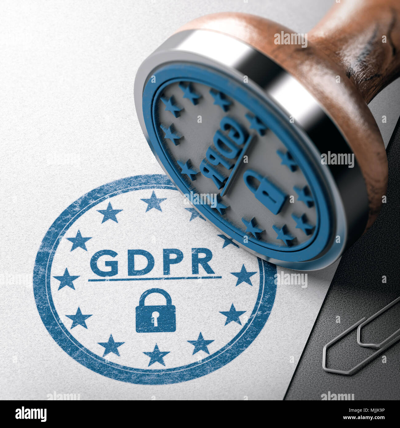 GDPR mark imprinted on a paper background with rubber stamp. Concept of European Data Protection Management Compliance. 3D illustration Stock Photo