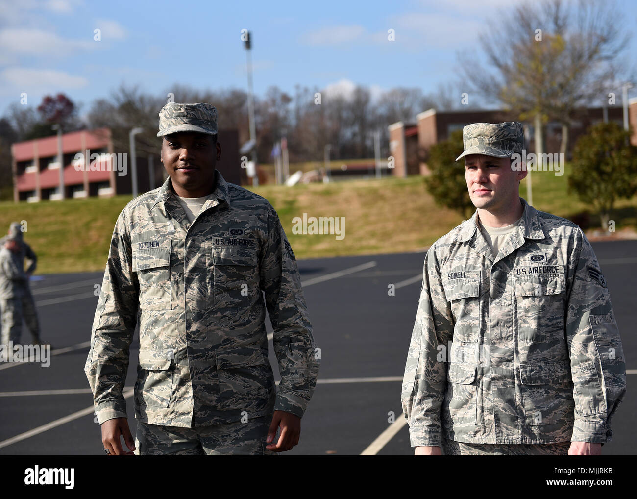 Senior Airmen in the Airman Leadership School Blended Learning Class 18-1 were having fun outdoors, Dec. 1, 2017, during their two weeks of hands-on learning in East Tennessee. Marching a flight may not have been easy, but there was plenty of camaraderie and encouragement. The Chief Master Sergeant Paul H. Lankford Enlisted Professional Military Education Center is where Air National Guard Airmen go for the combined distance learning and resident course. The class graduates before the holiday. (U.S. Air Force photos/Master Sgt. Mike R. Smith) Stock Photo