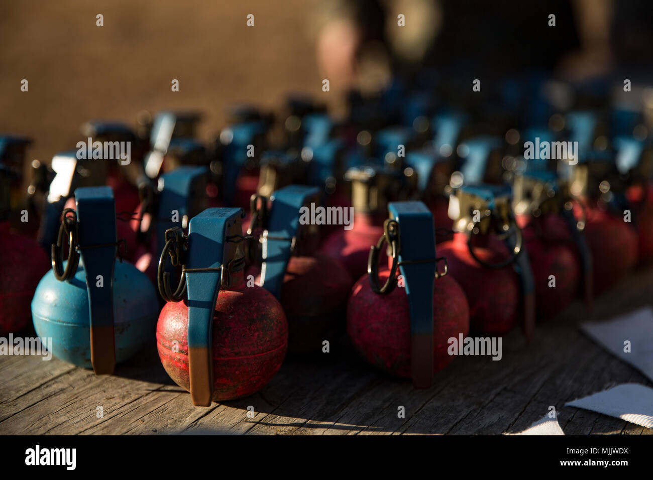 M69 practice hand grenades are staged, ready to be issued to Echo Co., 2nd Battalion, 8th Marine Regiment in order to conduct a practice grenade range during a Deployment for Training (DFT) on Fort AP Hill, VA, Dec. 1, 2017. (U.S. Marine Corps photo by Lance Cpl. Timothy J. Lutz) Stock Photo